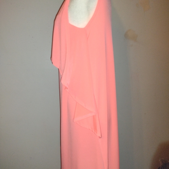 Hugh Sale dress in trendy neon in coral midi dress crossing vertical ruffle - Picture 3 of 7